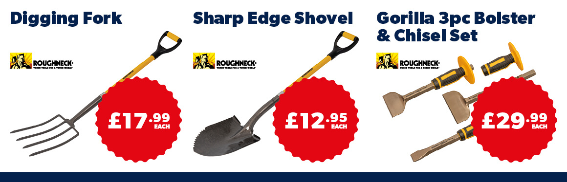 Digging Fork, Sharp Edge Shovel, Gorilla 3pc Bolster & Chisel Set