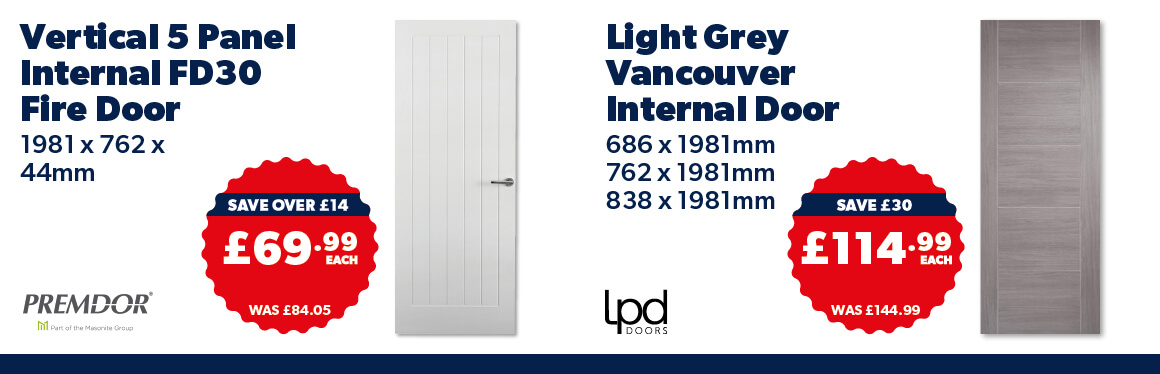 Vertical 5 Panel Internal FD30 Fire Door and Light Grey Vancouver Internal Door