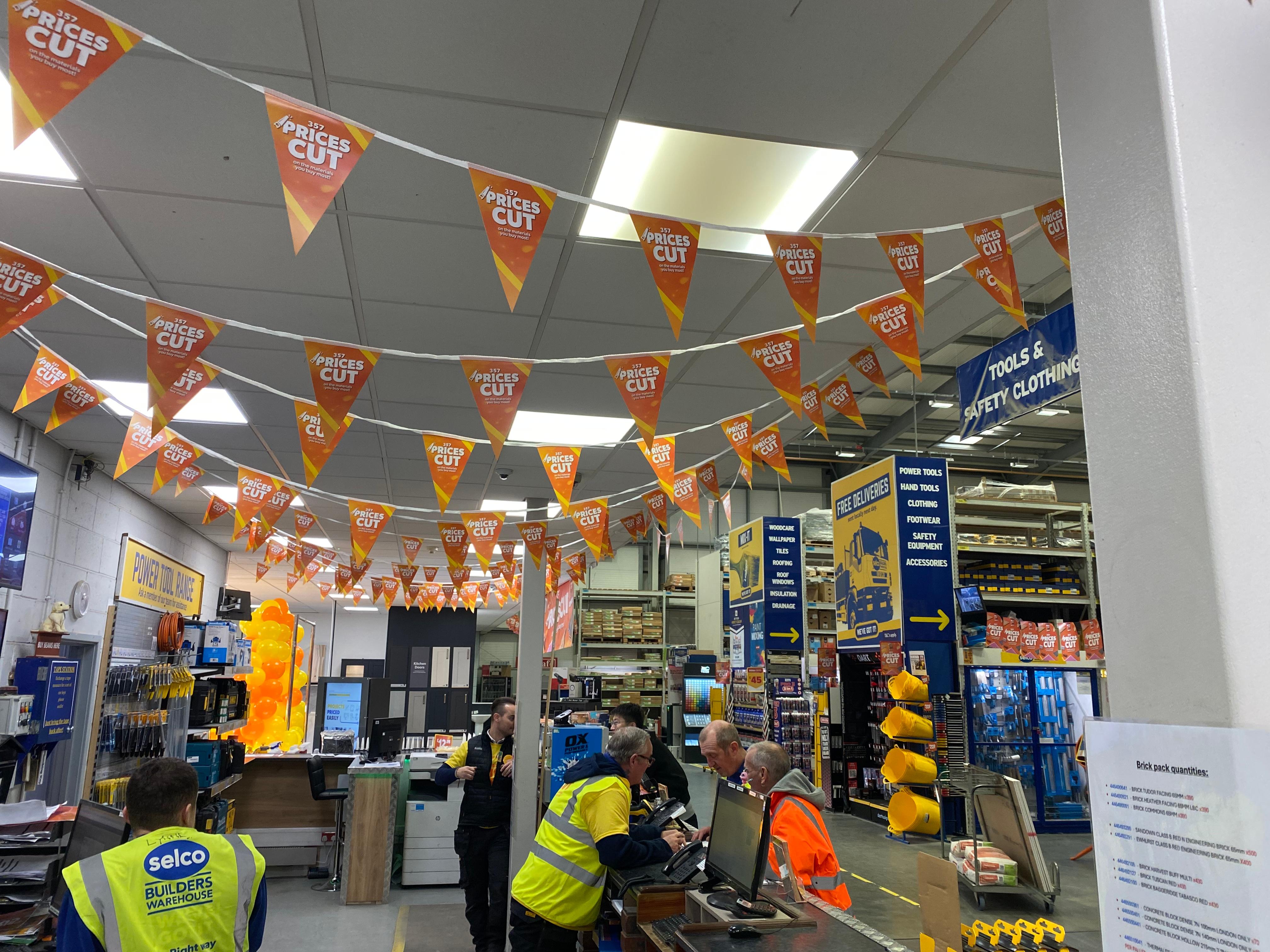 Selco in store aisles with Price Cuts bunting and signs