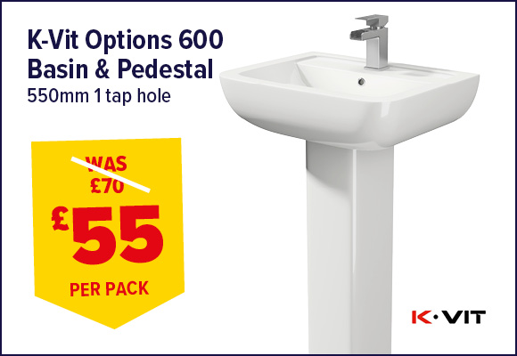 K-Vit Options 600 1 Tap Hole 550mm Basin & Pedestal Pack