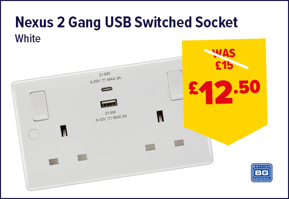 BG Nexus 800 Series Double Switched Socket White With USB